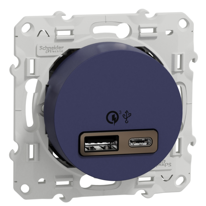 Prise USB double Odace Schneider Electric -Charge rapide - 18W - 3,4A - Cobalt