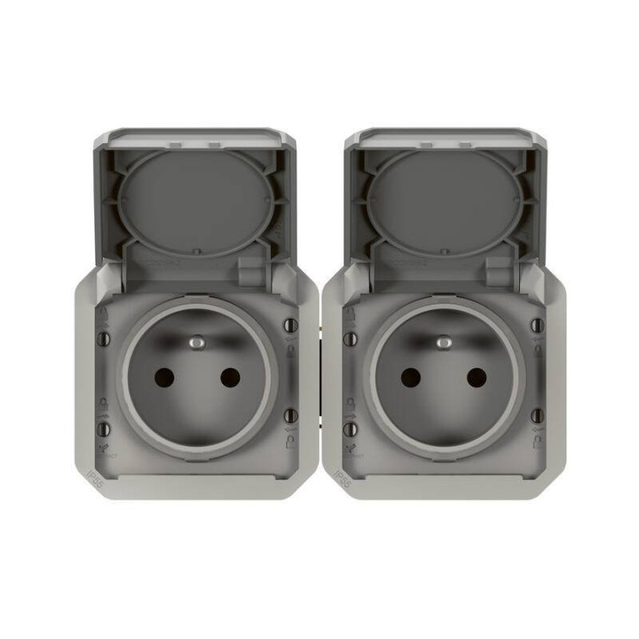 Dace Double prise de courant 2P+T précâblée étanche Plexo Legrand - Horizontale - 16A - Avec enjoliveur - Gris - 069562L