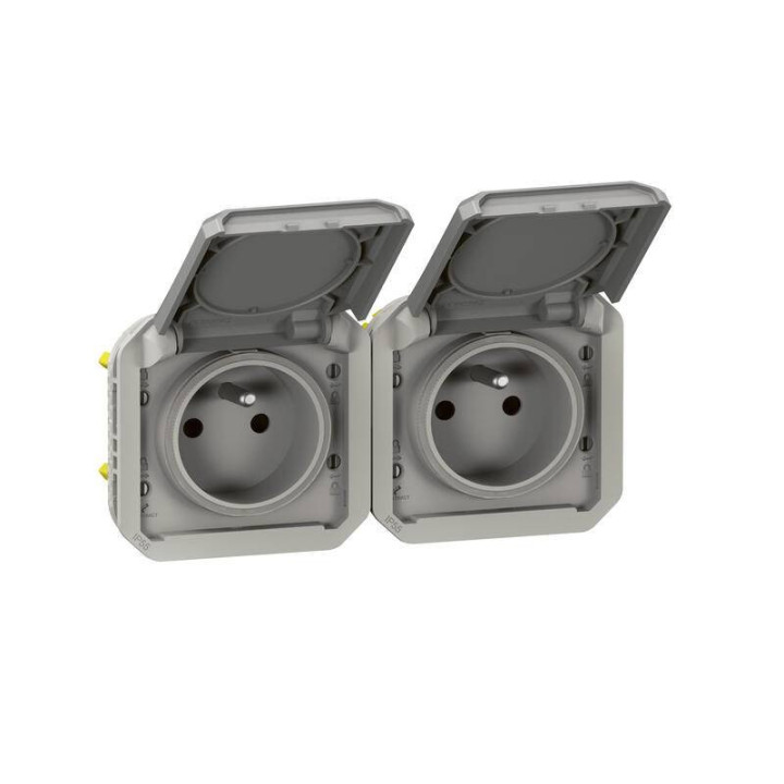 Double prise de courant 2P+T précâblée étanche Plexo Legrand - Horizontale - 16A - Avec enjoliveur - Gris - 069562L