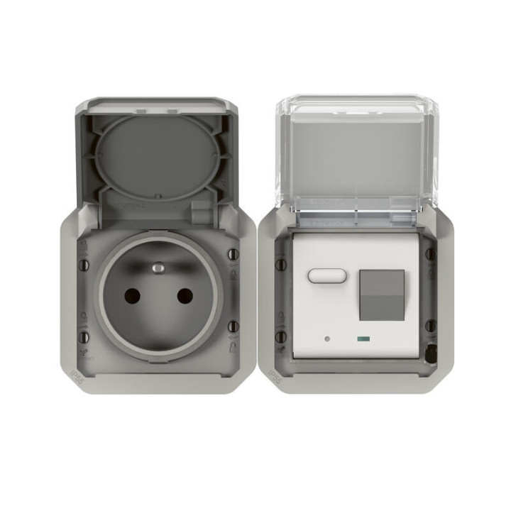 Prise de courant à volet + disjoncteur différentiel 30mA étanche Plexo Legrand - 16A - 250V - Gris