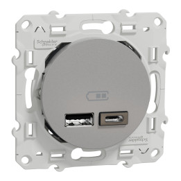 Prise USB Odace Schneider - Chargeur double USB - Types A+C - Alu