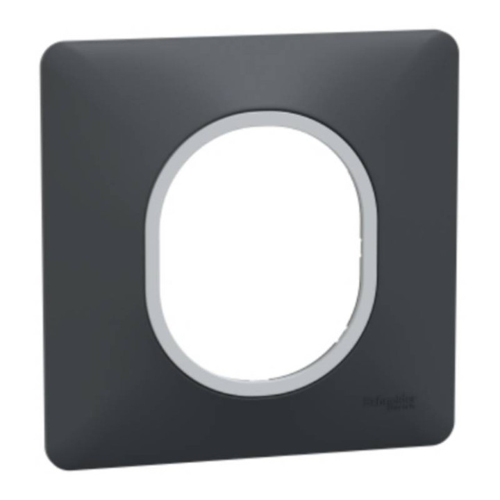 Plaque de finition Ovalis Schneider - 1 poste - Anthracite avec bague effet argent chromé
