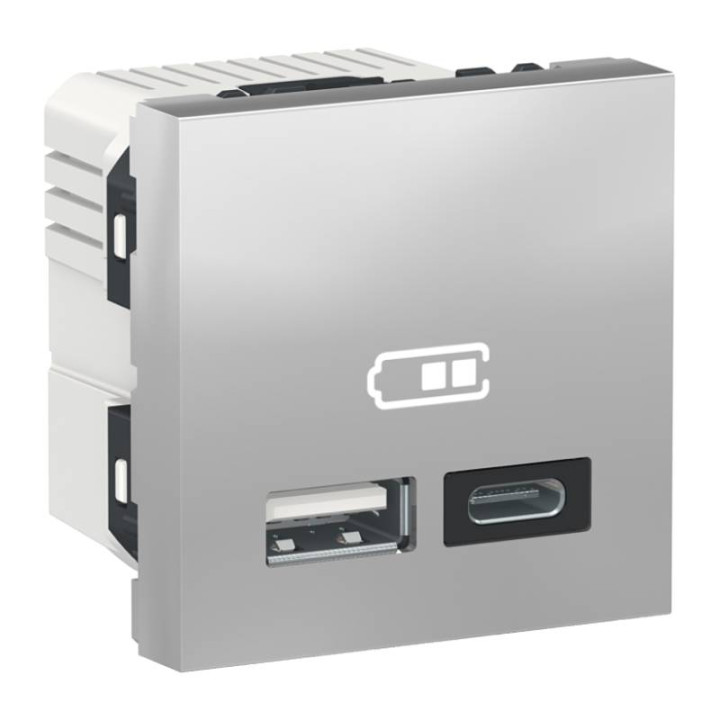 Prise d'alimentation USB Unica - Type A et C - 2 modules - Alu