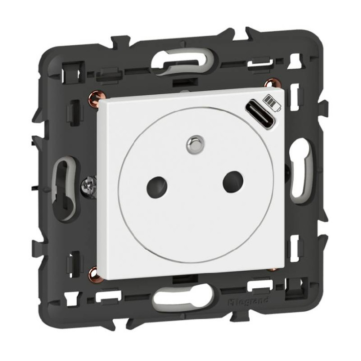 Prise 2P+T Mosaic surface - Chargeur USB type C - Avec support - Blanc
