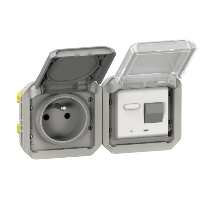 Prise de courant à volet + disjoncteur différentiel 30mA étanche Plexo Legrand - 16A - 250V - Gris