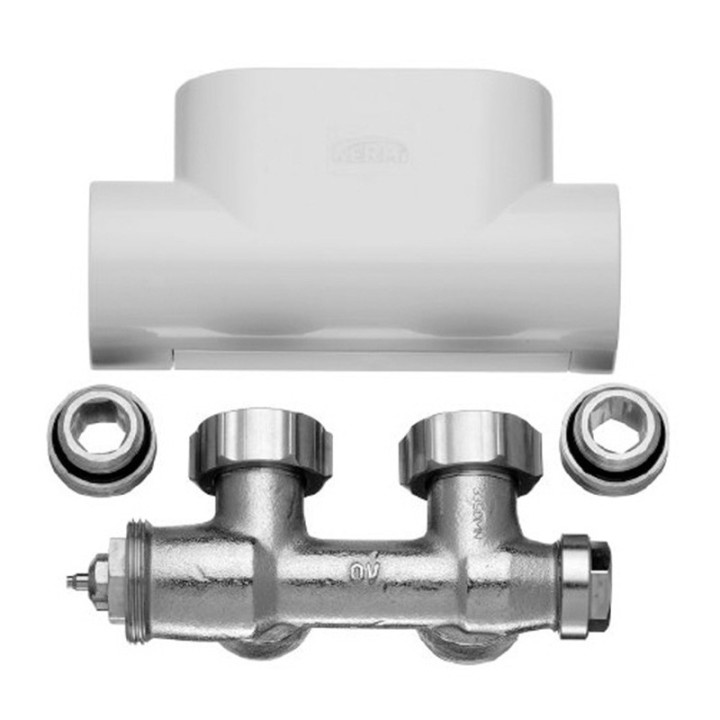 Bloc de robinet équerre pour radiateur Kermi - Cache blanc - Raccordement au centre