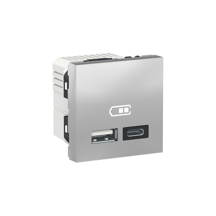 Prise d'alimentation USB Unica - Type A et C - 2 modules - Alu